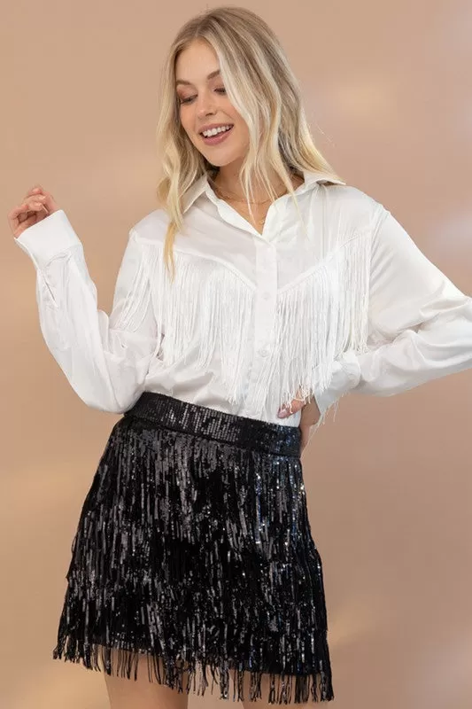 Chevron Fringe Satin Blouse