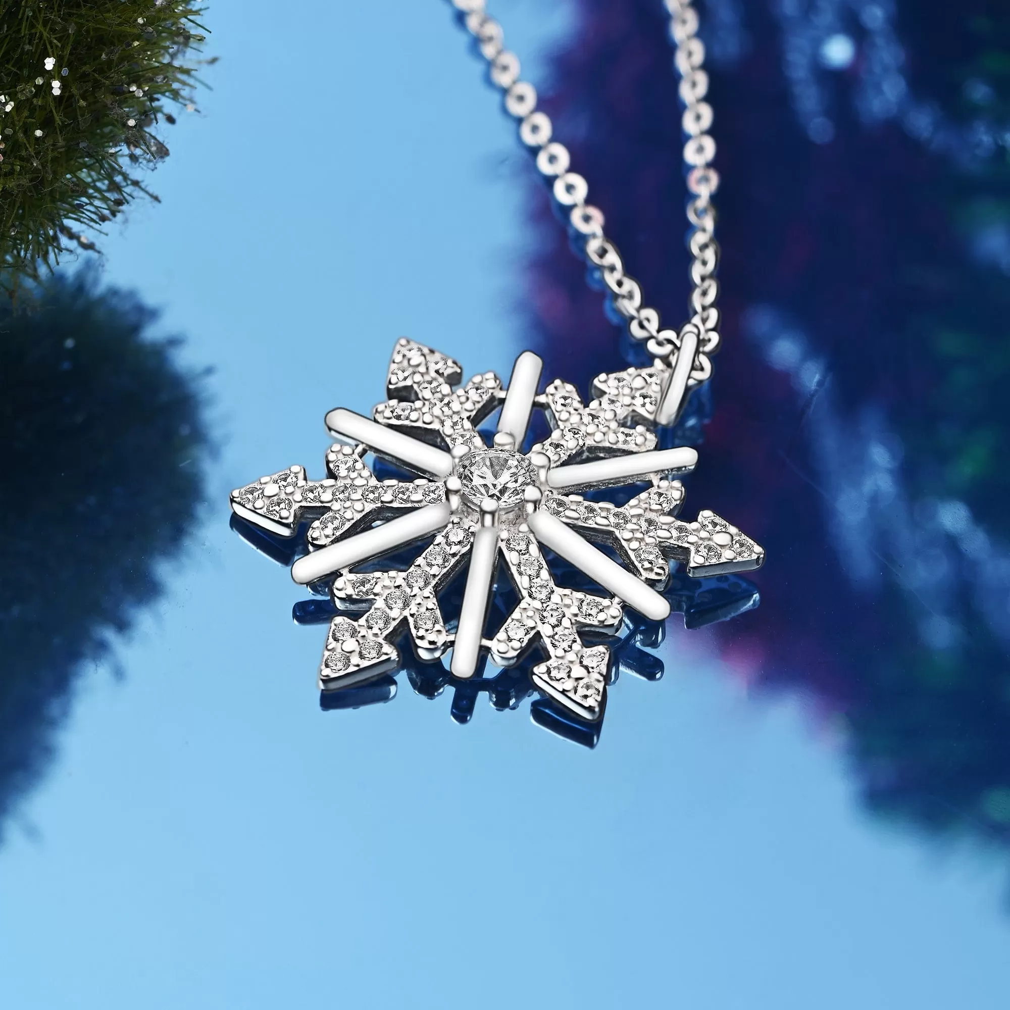 CZ Winter Star Snowflake Necklace Silver