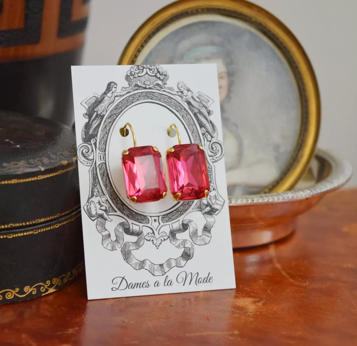 Dark Pink Aurora Crystal Earrings - Large Octagon