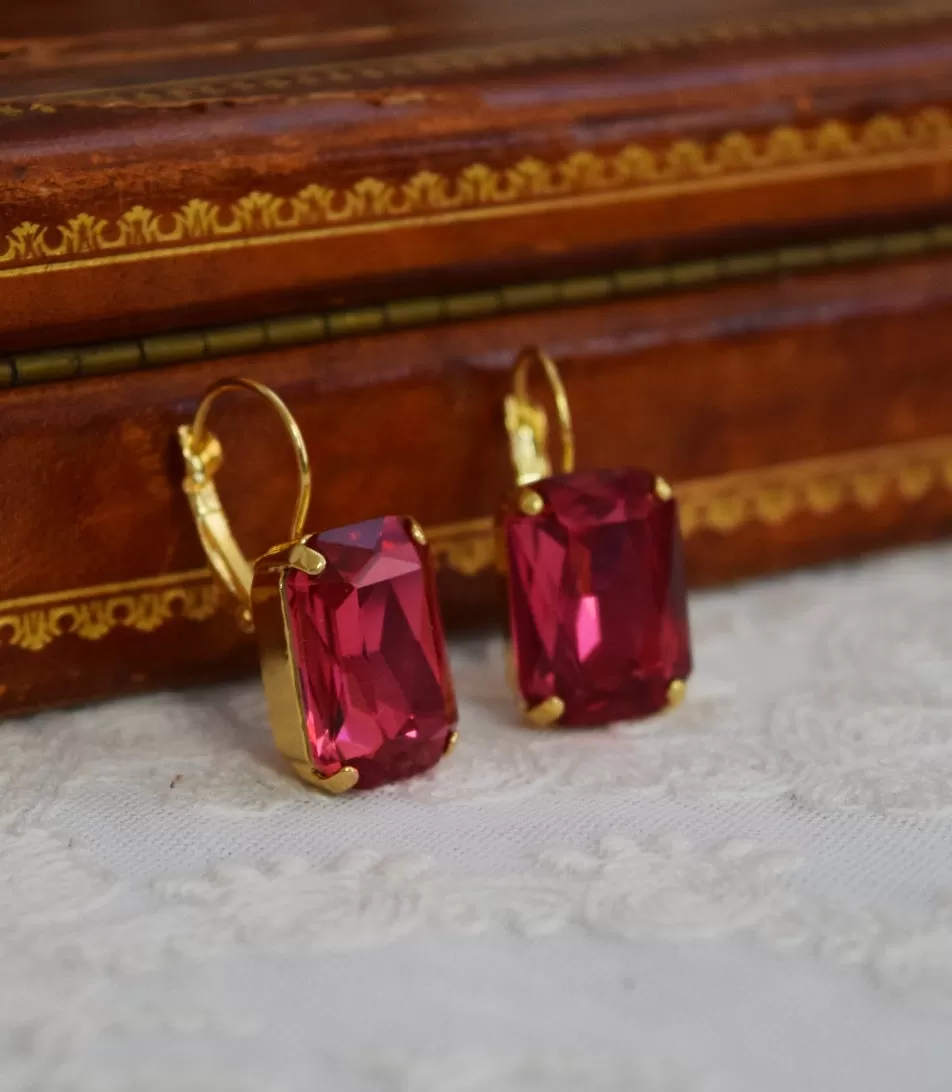 Dark Pink Aurora Crystal Earrings - Large Octagon