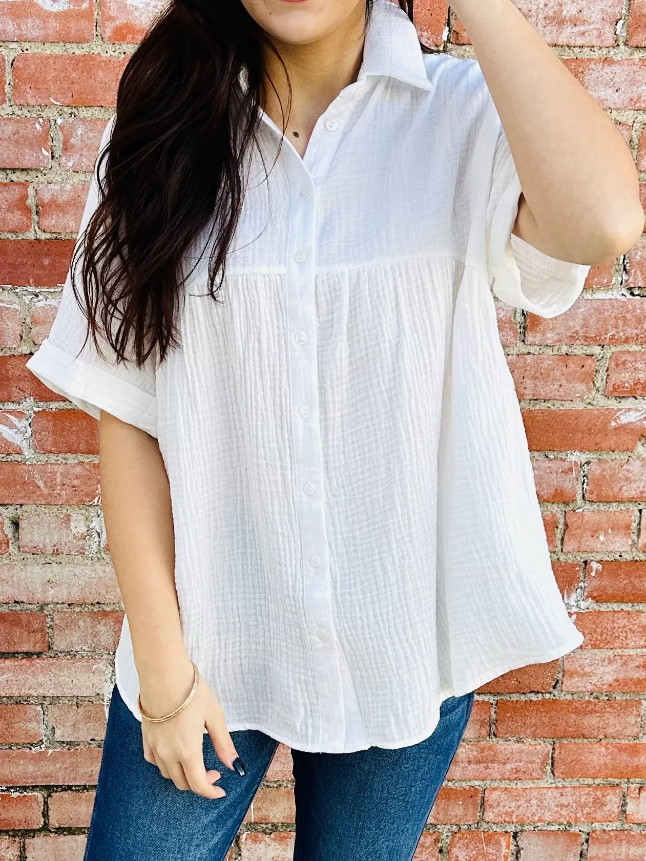 Distracted By You Button Down Babydoll Top  Ivory