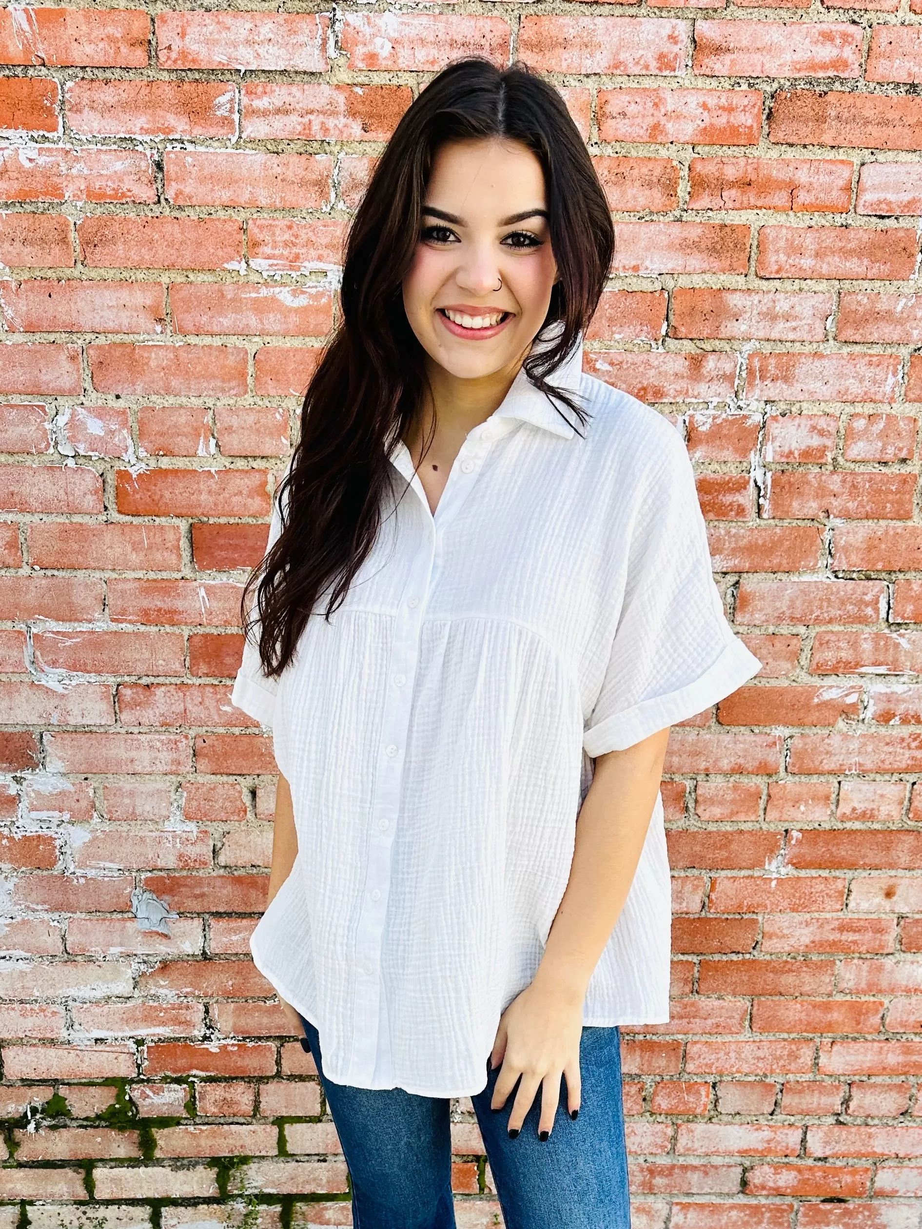 Distracted By You Button Down Babydoll Top  Ivory