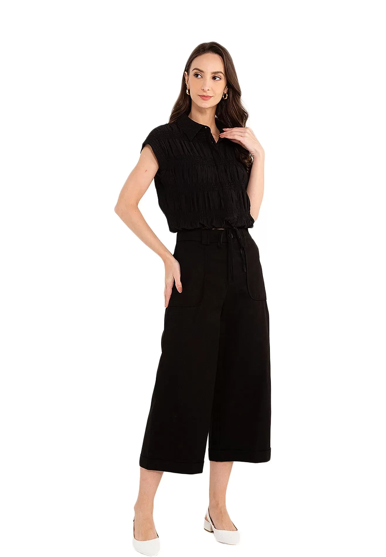 ELLE Apparel Button Front Crop Ruched Blouse