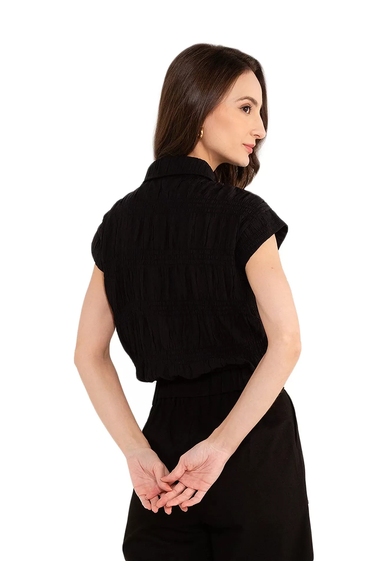 ELLE Apparel Button Front Crop Ruched Blouse