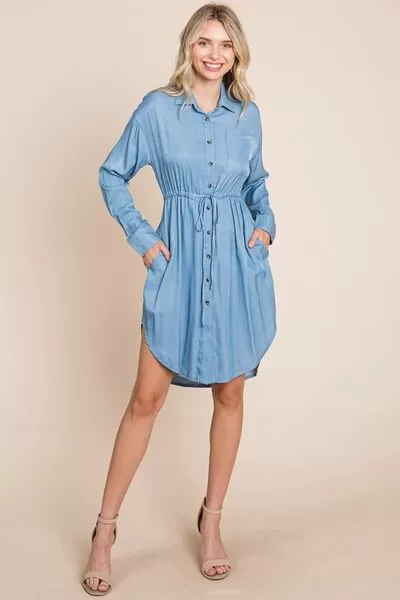 Faith Apparel Button Up Drawstring Shirt Dress