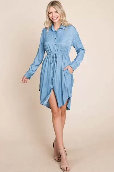 Faith Apparel Button Up Drawstring Shirt Dress