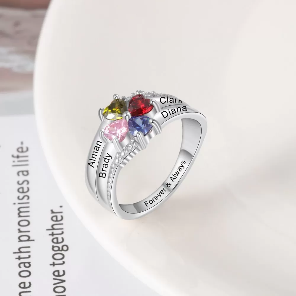 Family Name Mothers Ring with 4 Heart Birthstones Silver Color Personalized Engraved Rings for Women Gifts