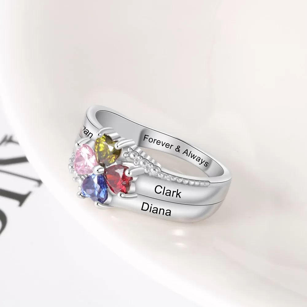 Family Name Mothers Ring with 4 Heart Birthstones Silver Color Personalized Engraved Rings for Women Gifts