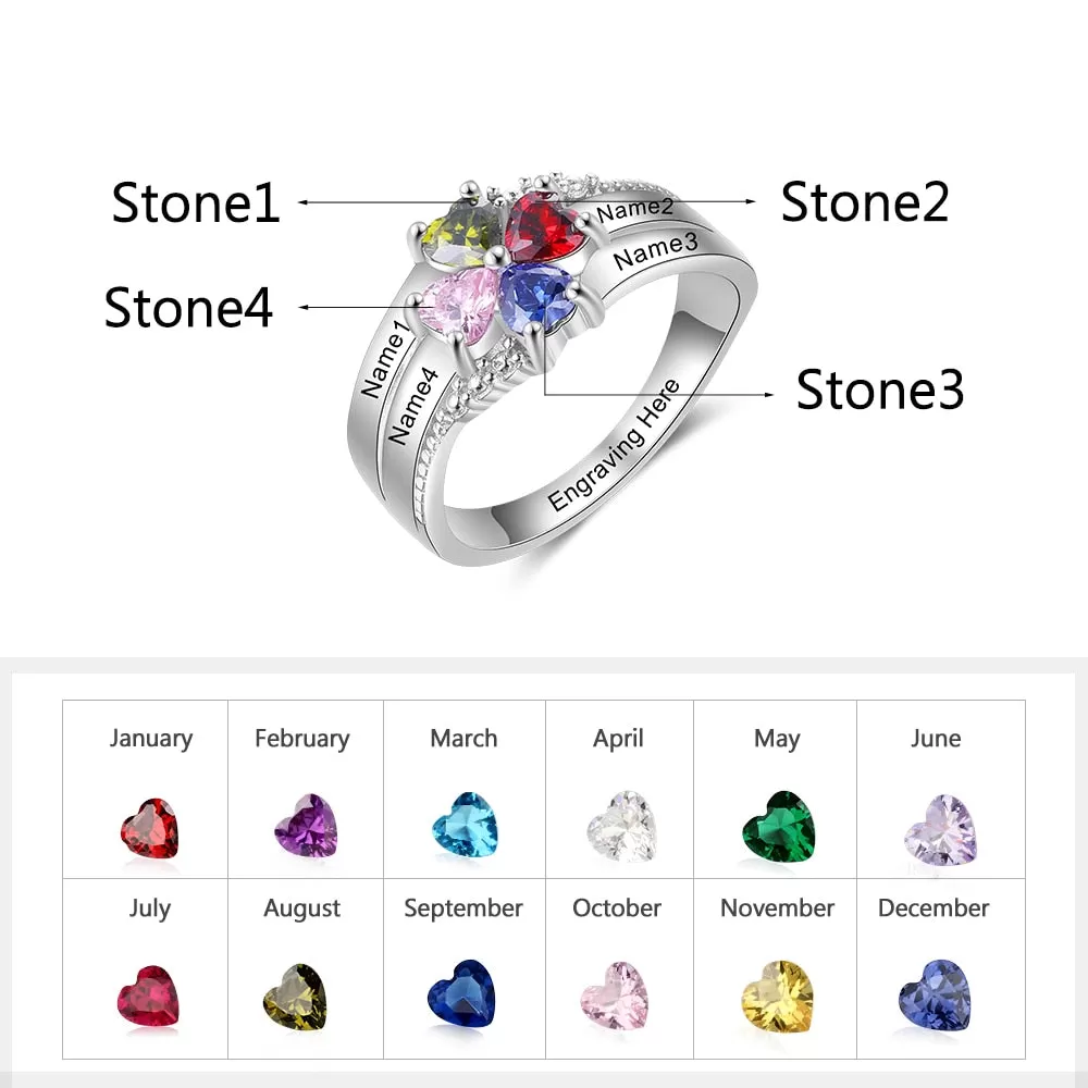 Family Name Mothers Ring with 4 Heart Birthstones Silver Color Personalized Engraved Rings for Women Gifts