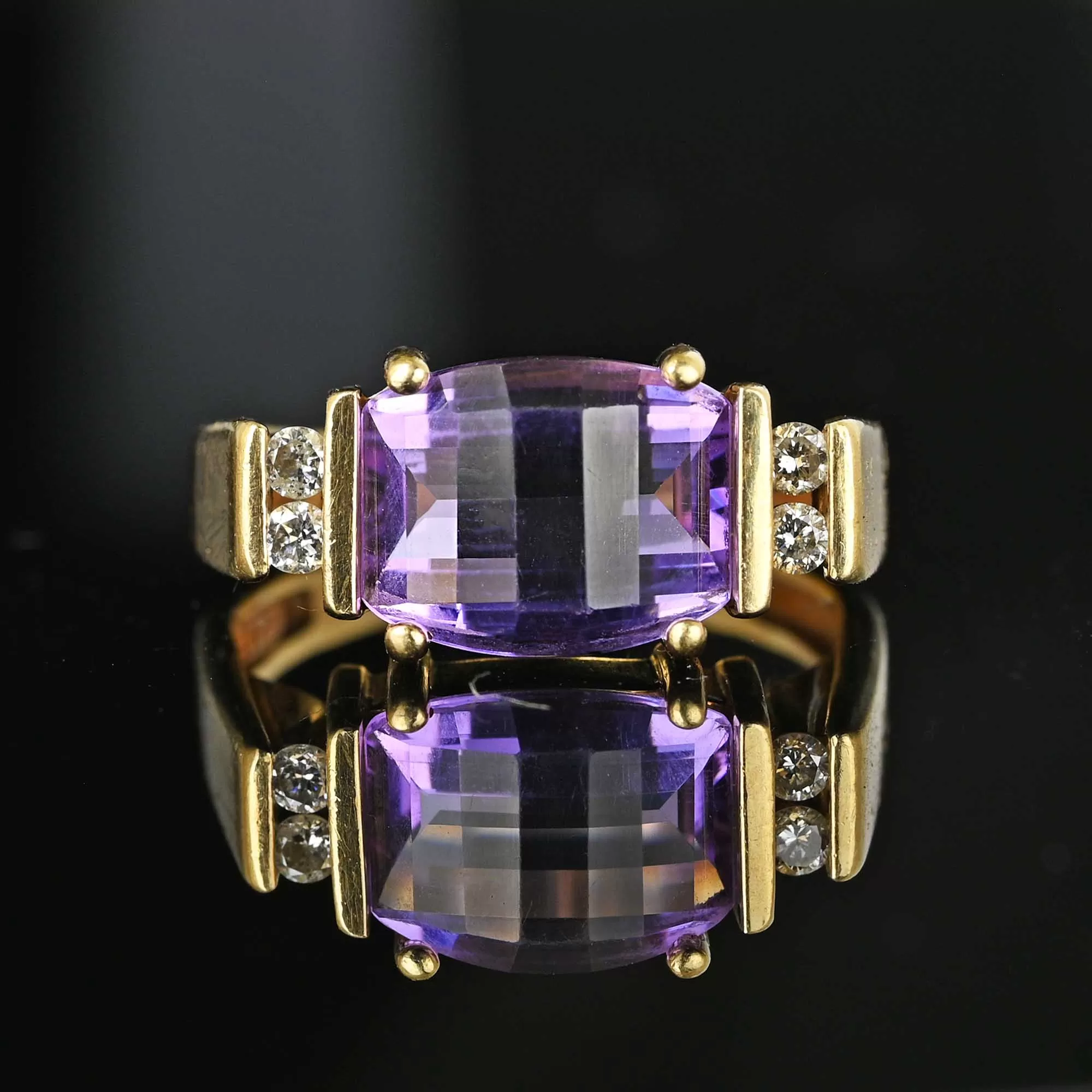 Fancy Diamond Barrel Cut Amethyst Ring Band in Gold