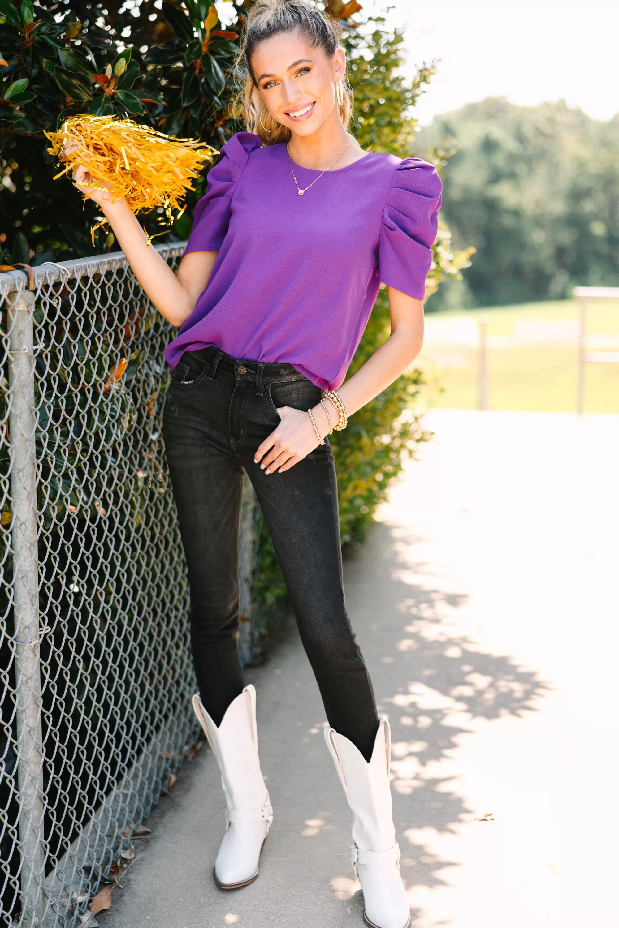 Here For The Drama Purple Puff Sleeve Blouse