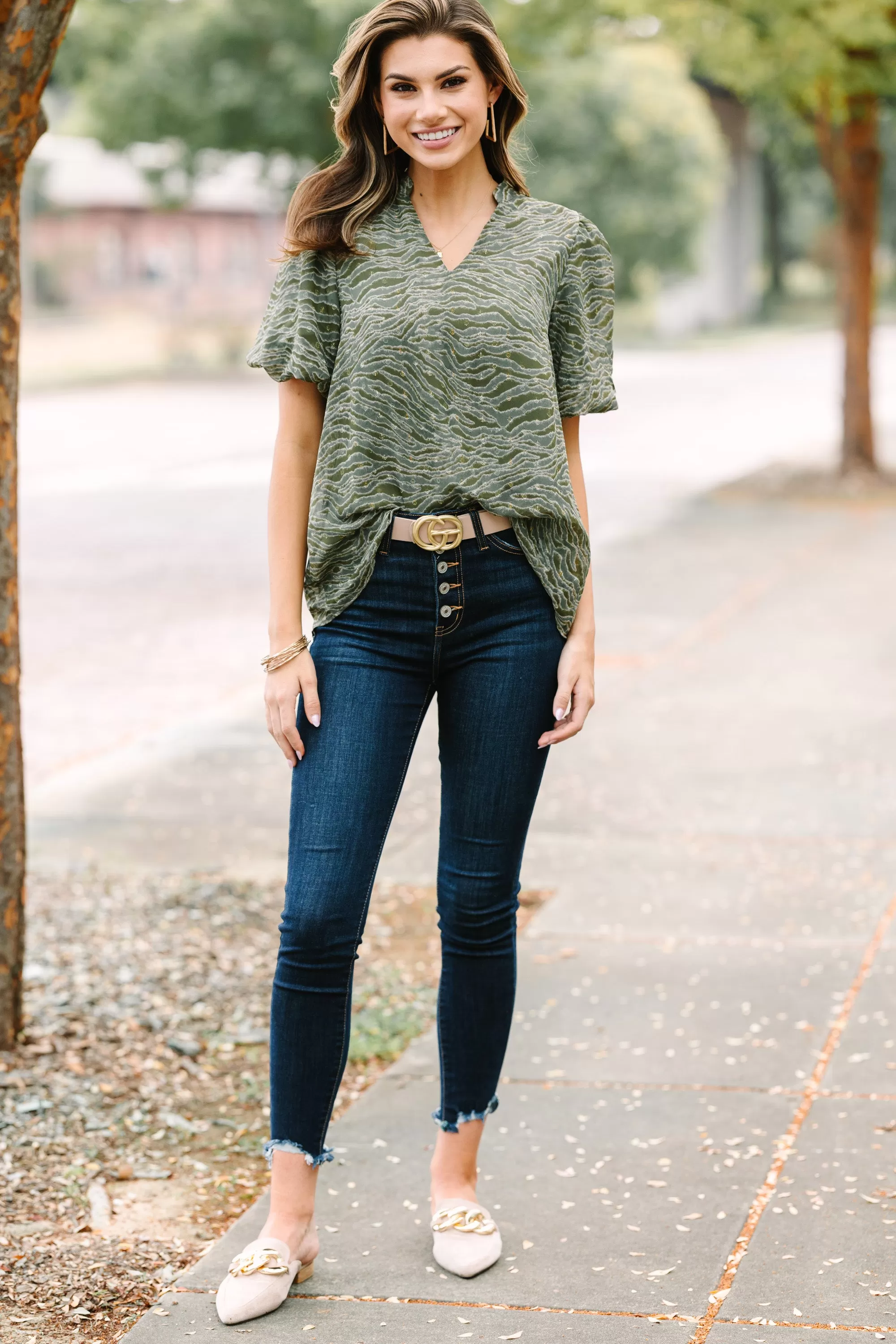 In The Works Olive Green Tiger Striped Blouse