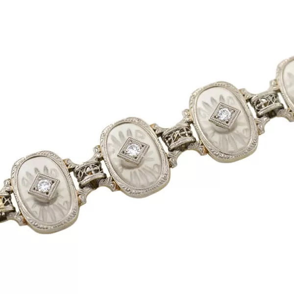 KREMENTZ Art Deco Platinum/14kt Reverse Carved Rock Crystal & Diamond Bracelet