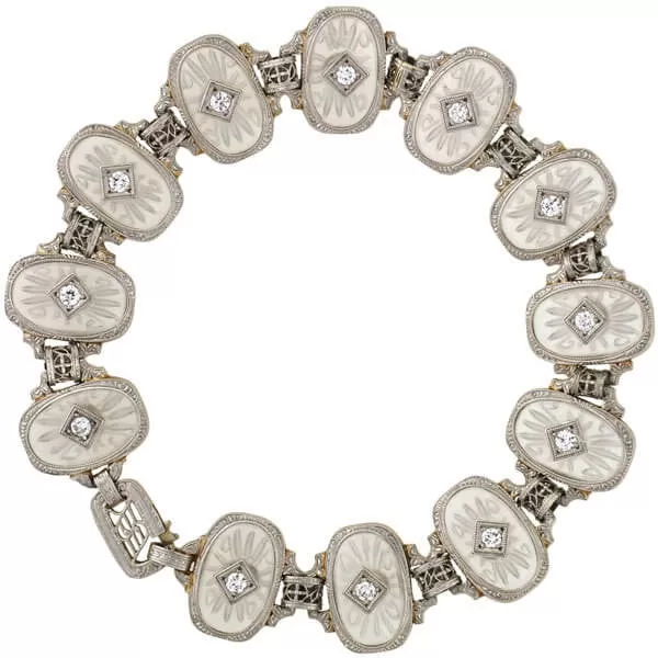 KREMENTZ Art Deco Platinum/14kt Reverse Carved Rock Crystal & Diamond Bracelet