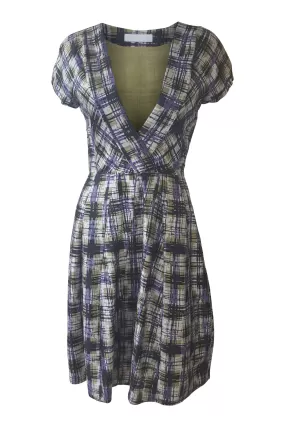 NICOLE FARHI 100% Silk Purple Green Hash Print Fit and Flare Dress (UK 8)