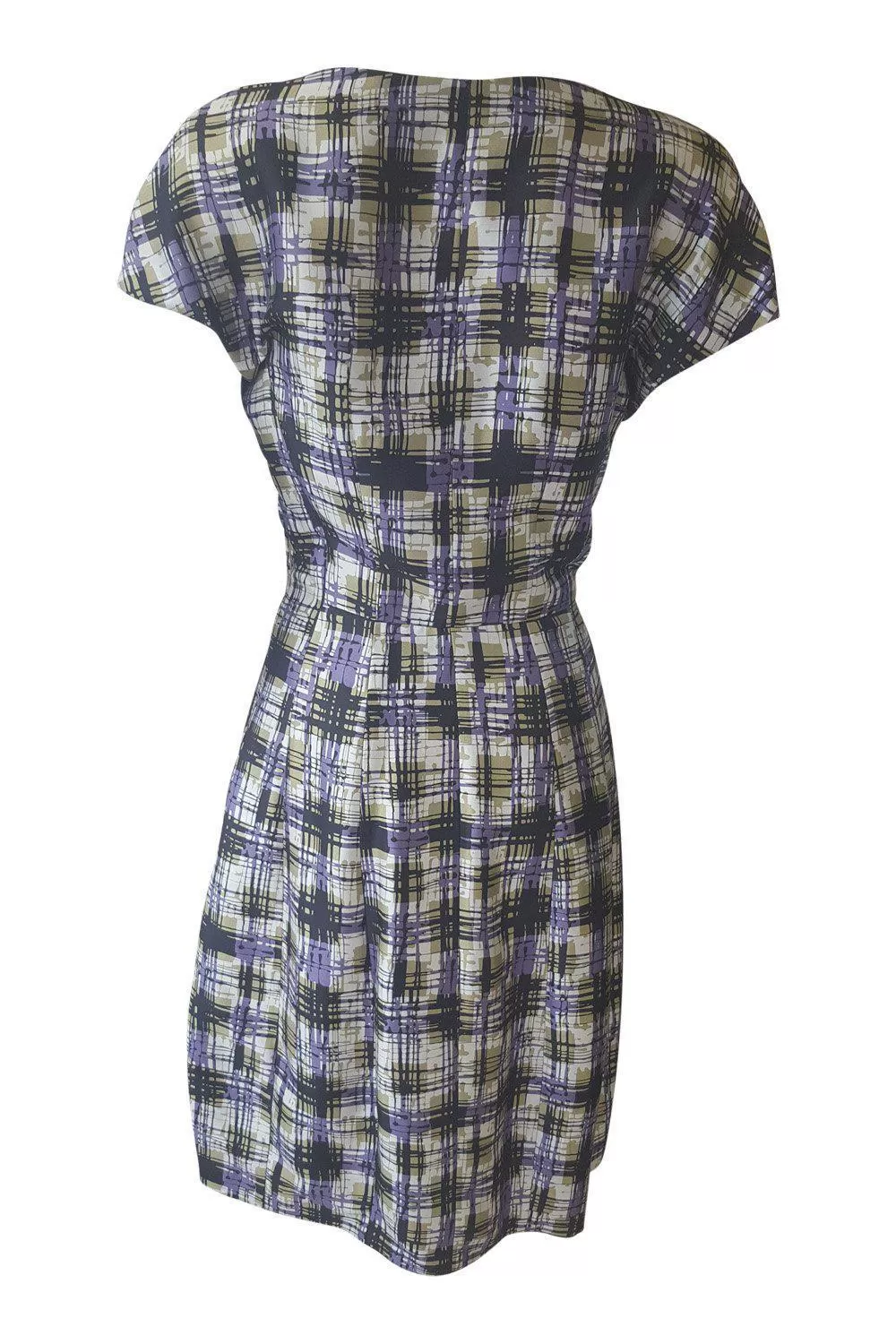 NICOLE FARHI 100% Silk Purple Green Hash Print Fit and Flare Dress (UK 8)