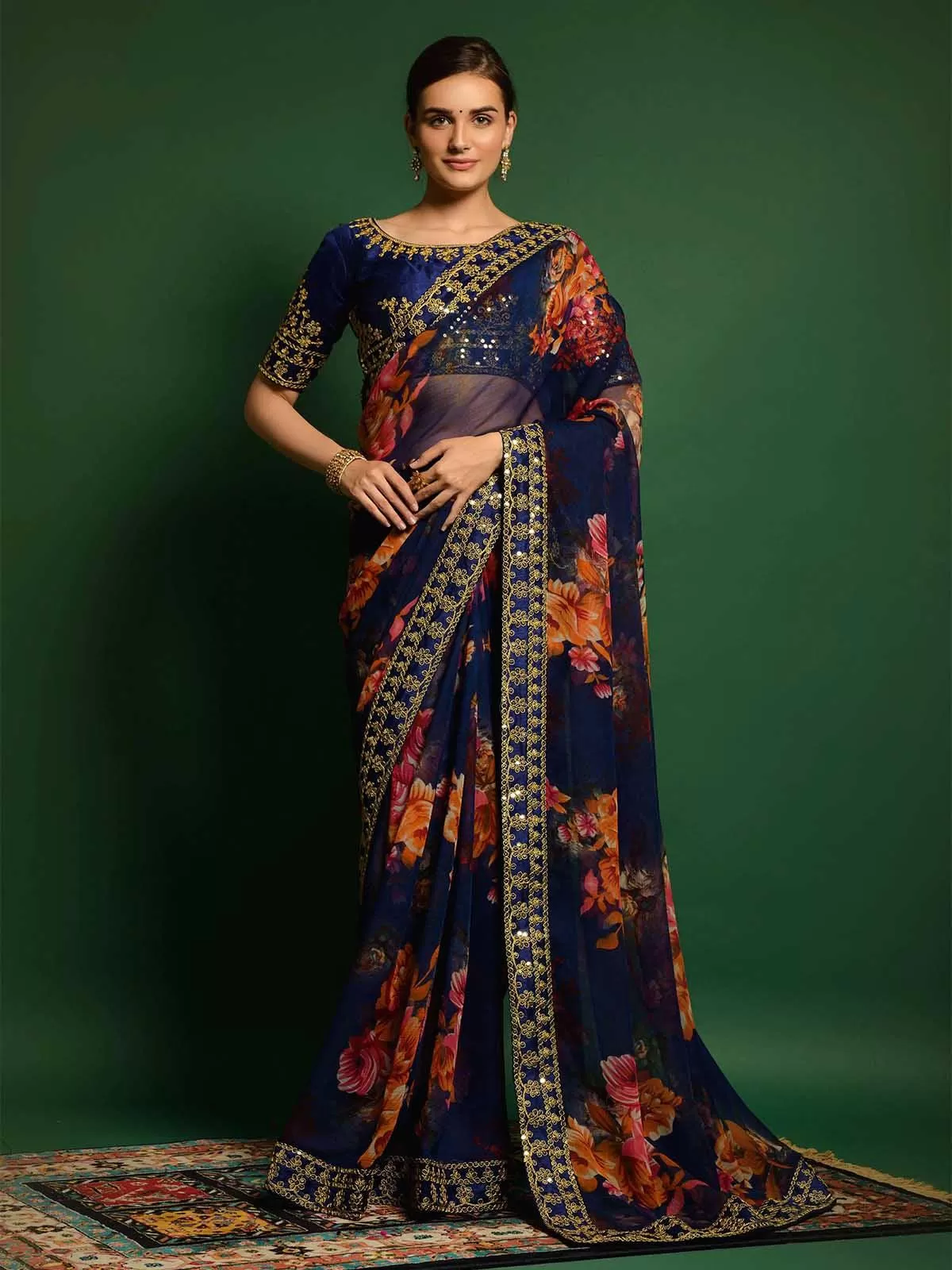 Odette Women Dark Blue Georgette Embroidery Saree With Unstitched Blouse