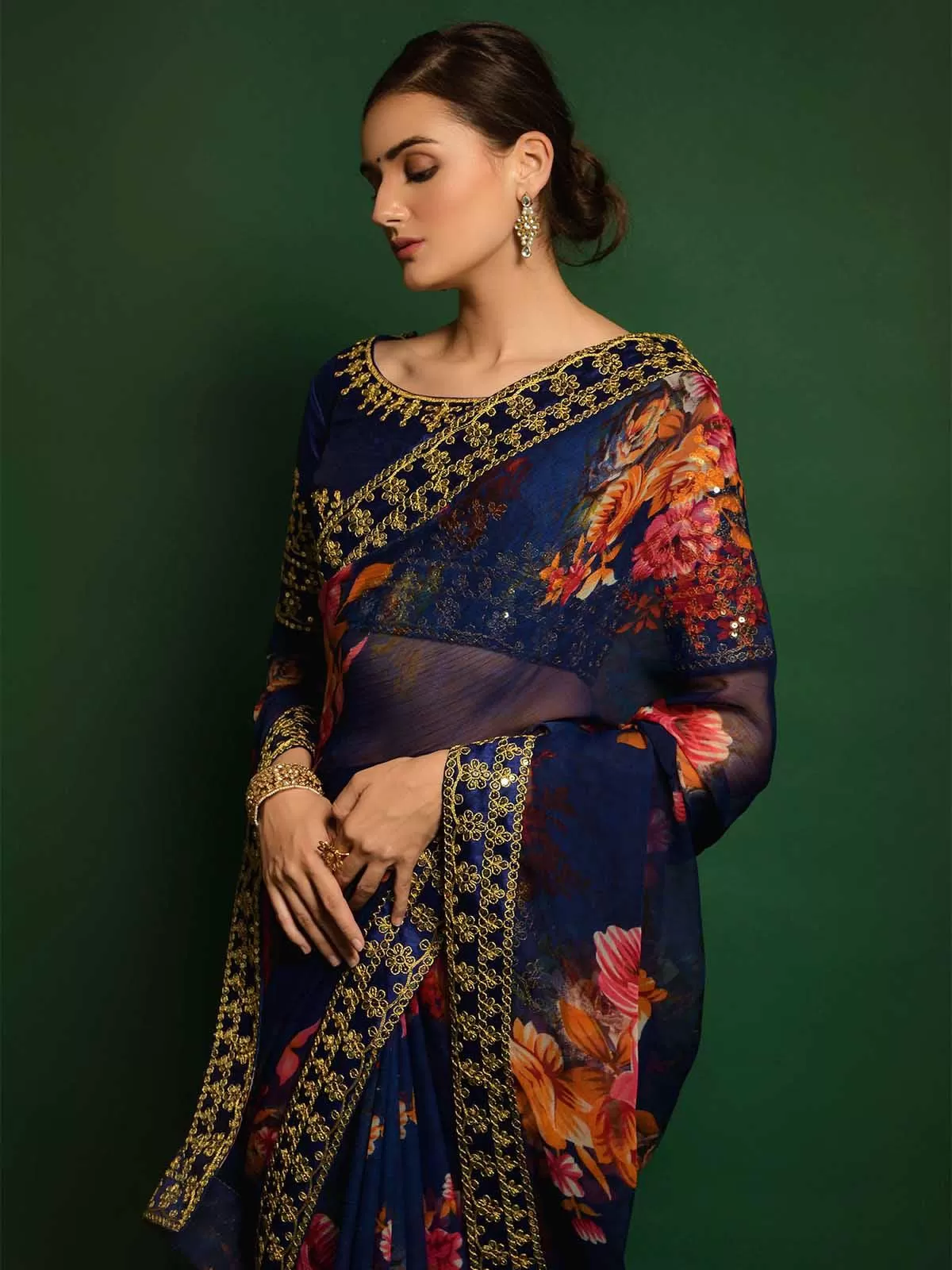 Odette Women Dark Blue Georgette Embroidery Saree With Unstitched Blouse