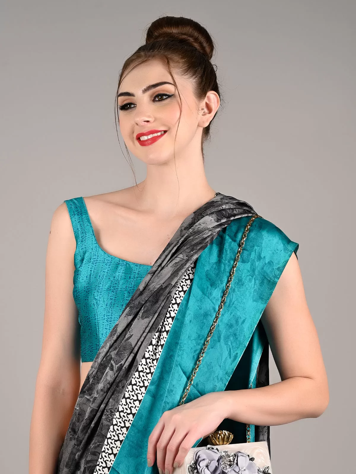 Odette Women Grey Satin Crepe Printed Saree With Unstitched Blouse