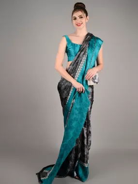 Odette Women Grey Satin Crepe Printed Saree With Unstitched Blouse