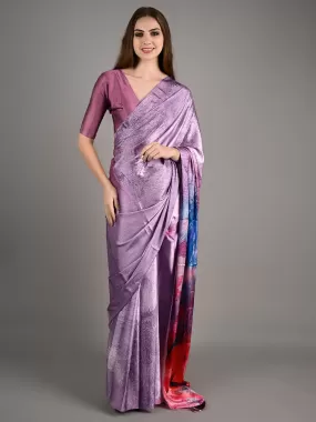 Odette Women Lavender Soft Crepe Digital Print Saree With Unstitched Blouse