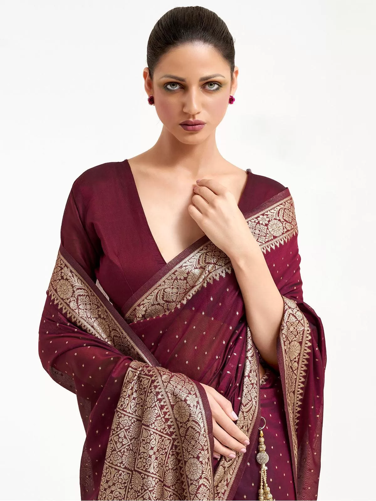 Odette Women Maroon Festive Silk Blend Woven Design Saree With Unstitched Blouse