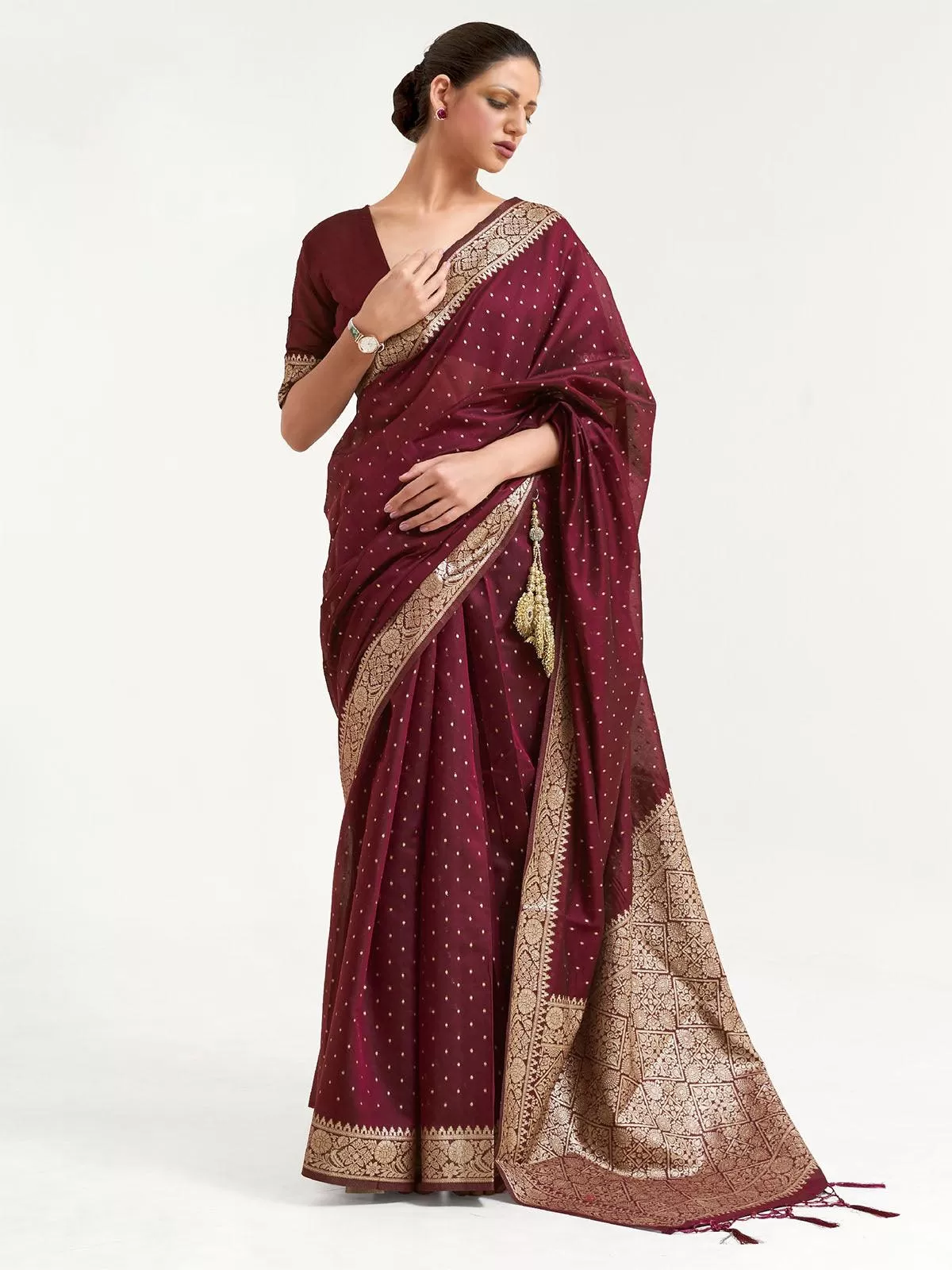 Odette Women Maroon Festive Silk Blend Woven Design Saree With Unstitched Blouse