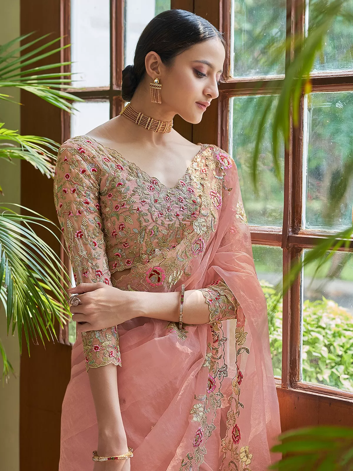 Odette Women Peach Organza Embroidered Saree With Unstitched Blouse