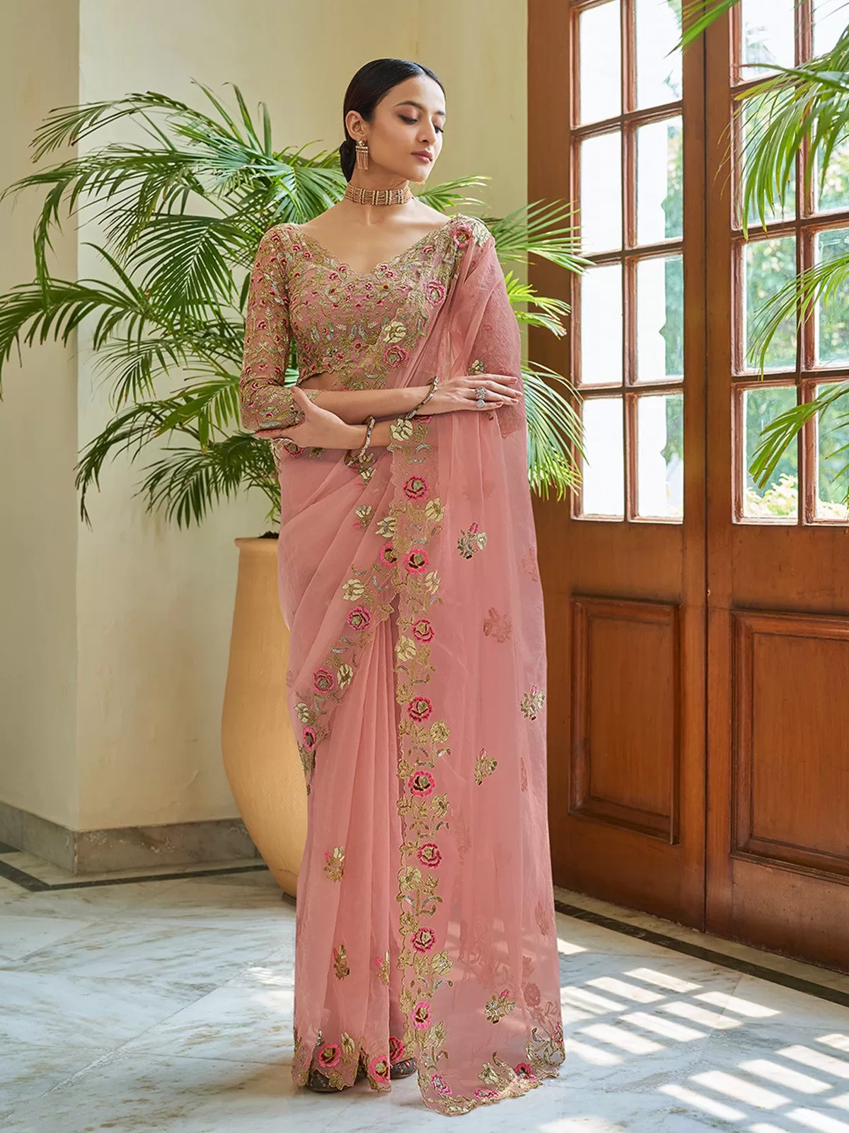 Odette Women Peach Organza Embroidered Saree With Unstitched Blouse