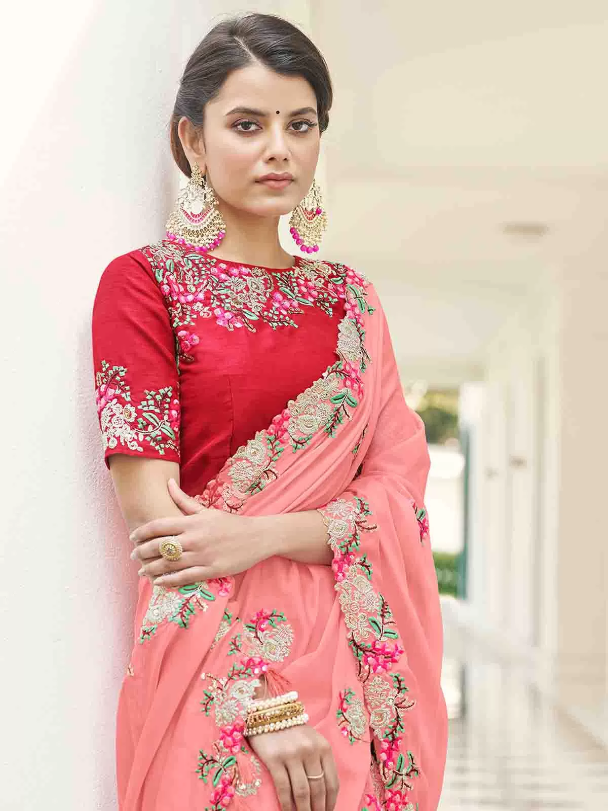 Odette Women Pink Georgette Embroidered Saree With Unstitched Blouse