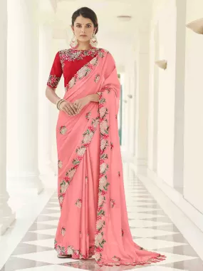 Odette Women Pink Georgette Embroidered Saree With Unstitched Blouse