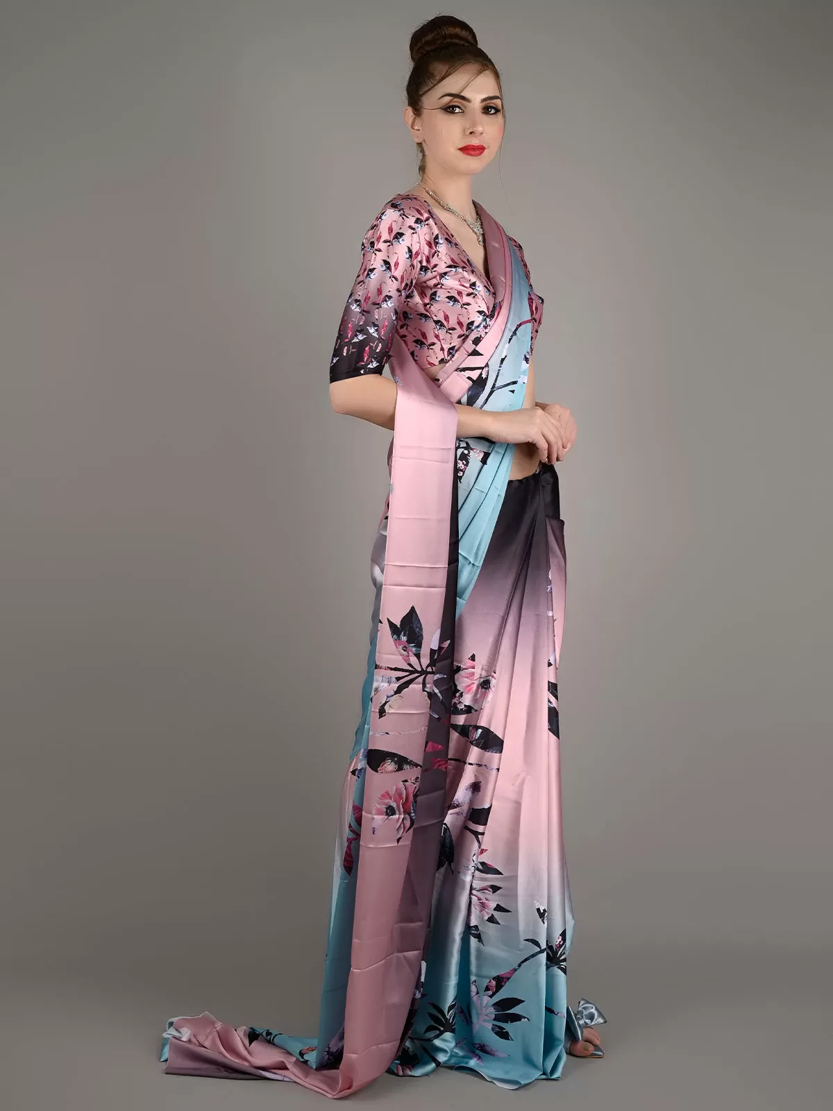 Odette Women Pink Satin Crepe Printed Saree With Unstitched Blouse