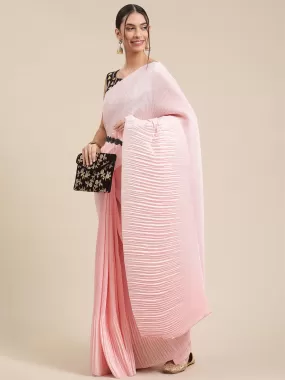 Odette Women Pure Crepe Pink Solid Belted Sarees With Blouse Piece