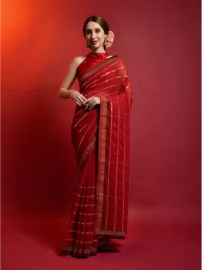 Odette Women Red Georgette Saree With Unstitched Blouse