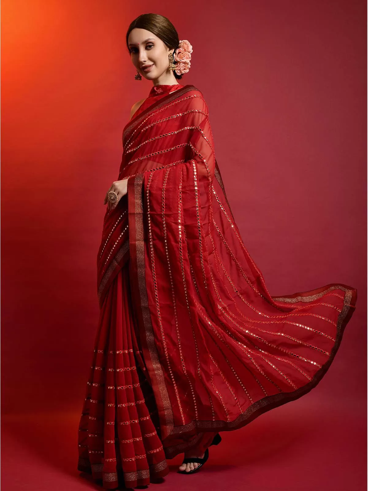 Odette Women Red Georgette Saree With Unstitched Blouse