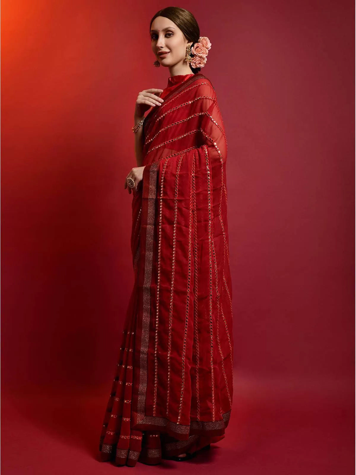 Odette Women Red Georgette Saree With Unstitched Blouse