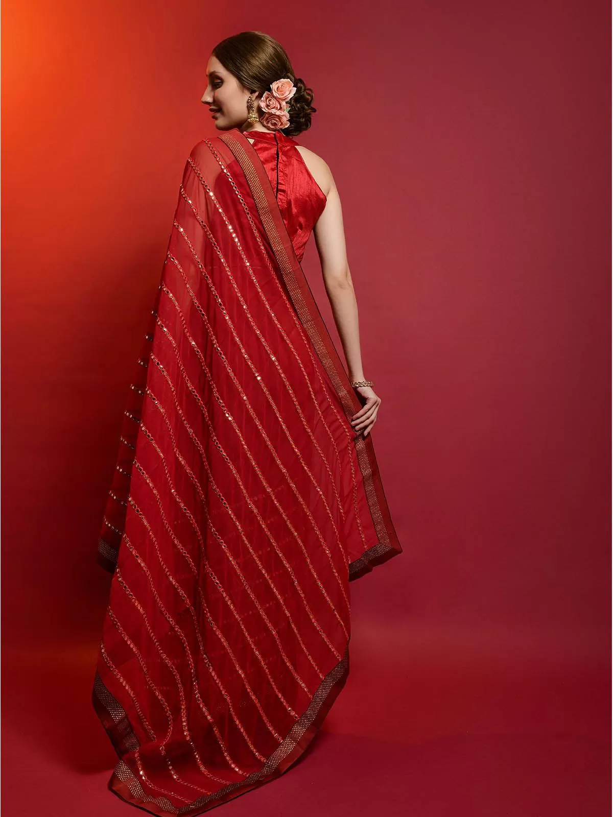 Odette Women Red Georgette Saree With Unstitched Blouse