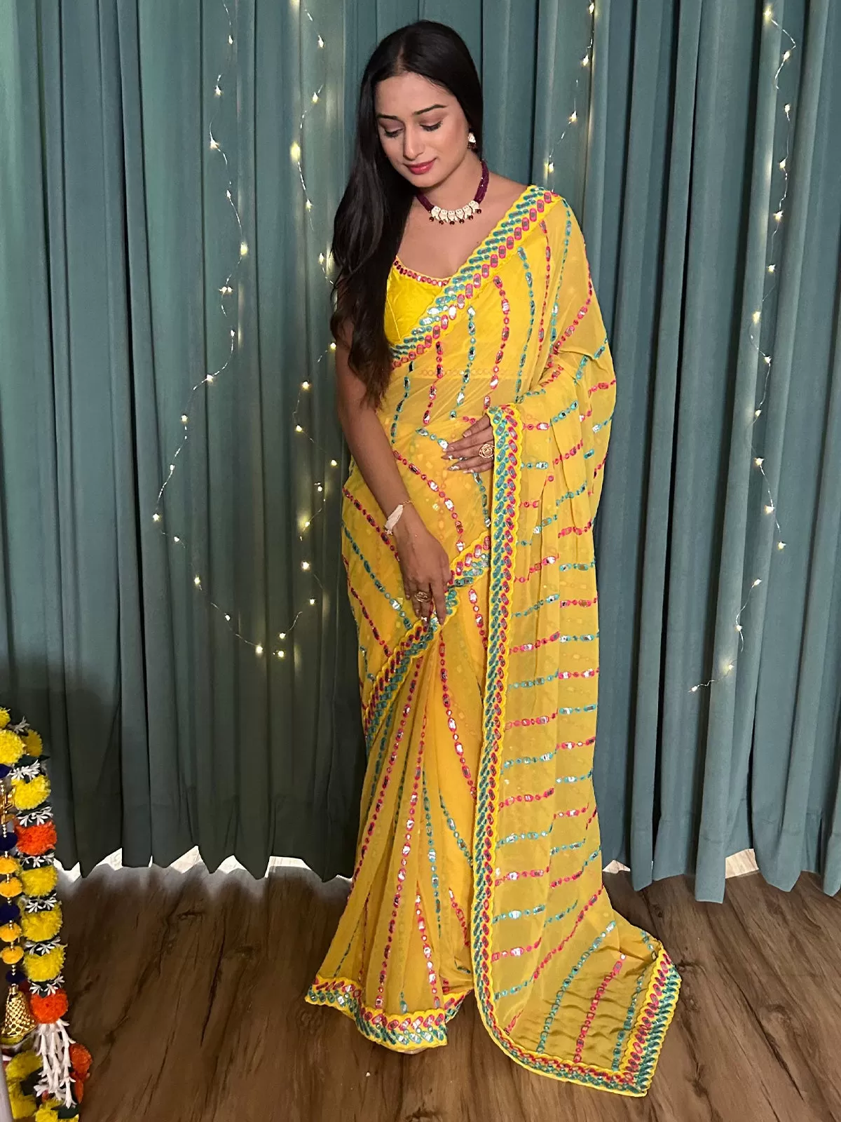 Odette Yellow Georgette Saree with unstitched Blouse for Women