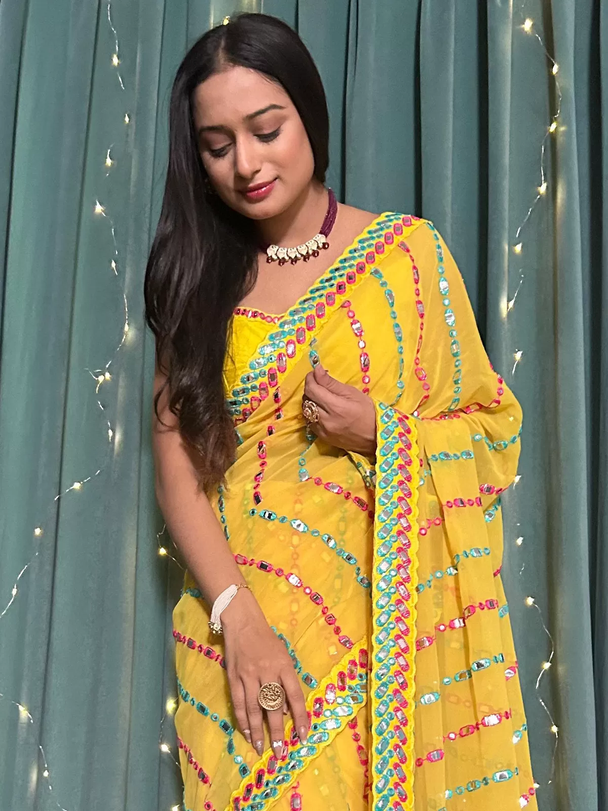 Odette Yellow Georgette Saree with unstitched Blouse for Women