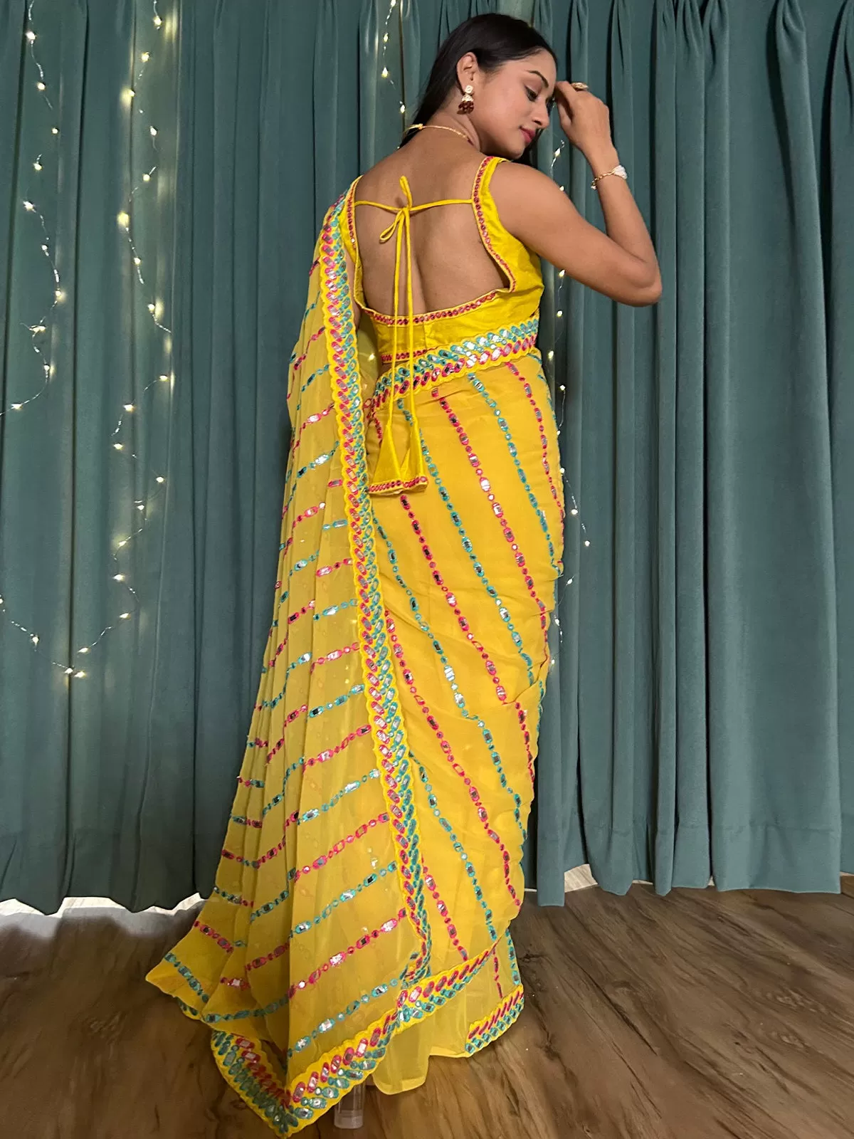 Odette Yellow Georgette Saree with unstitched Blouse for Women