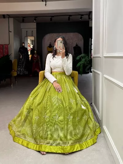 Parrot Green And White Lehenga Blouse Stitched Ready to Wear