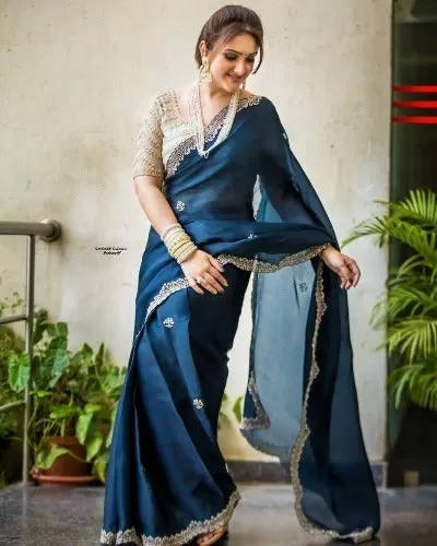 Peacock Blue Georgette Saree With Readymade Stitched Blouse