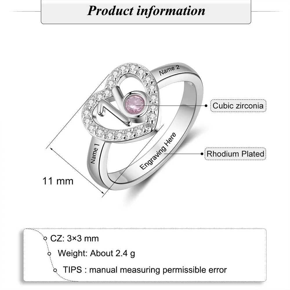 Personalized Birthstone Heart Rings for Women Customized Engraved Name Ring with Zirconia 16 Years Old Birthday Gifts