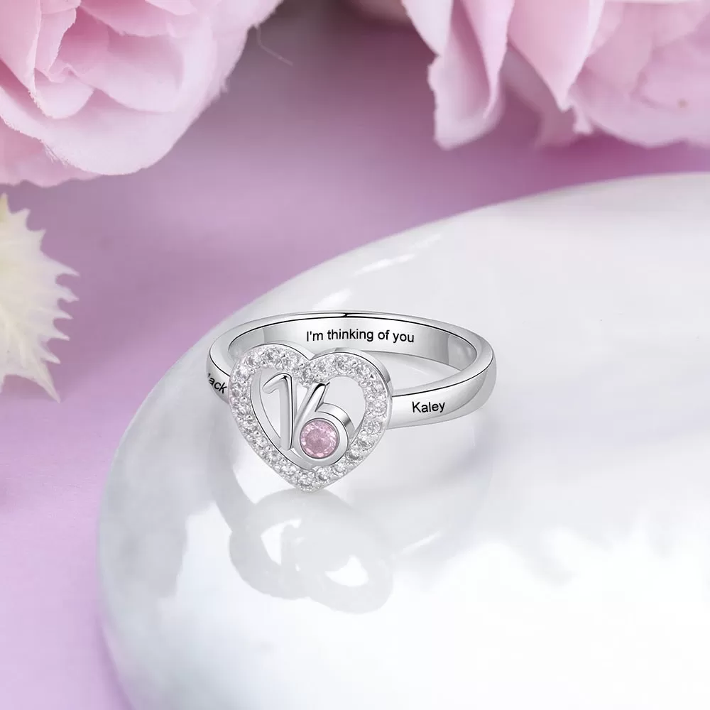 Personalized Birthstone Heart Rings for Women Customized Engraved Name Ring with Zirconia 16 Years Old Birthday Gifts