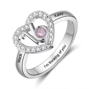 Personalized Birthstone Heart Rings for Women Customized Engraved Name Ring with Zirconia 16 Years Old Birthday Gifts