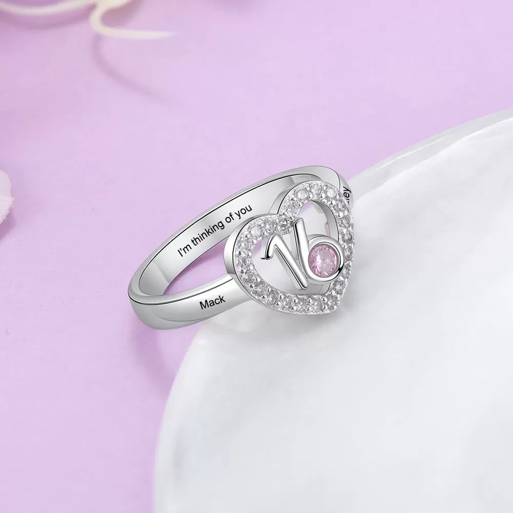 Personalized Birthstone Heart Rings for Women Customized Engraved Name Ring with Zirconia 16 Years Old Birthday Gifts