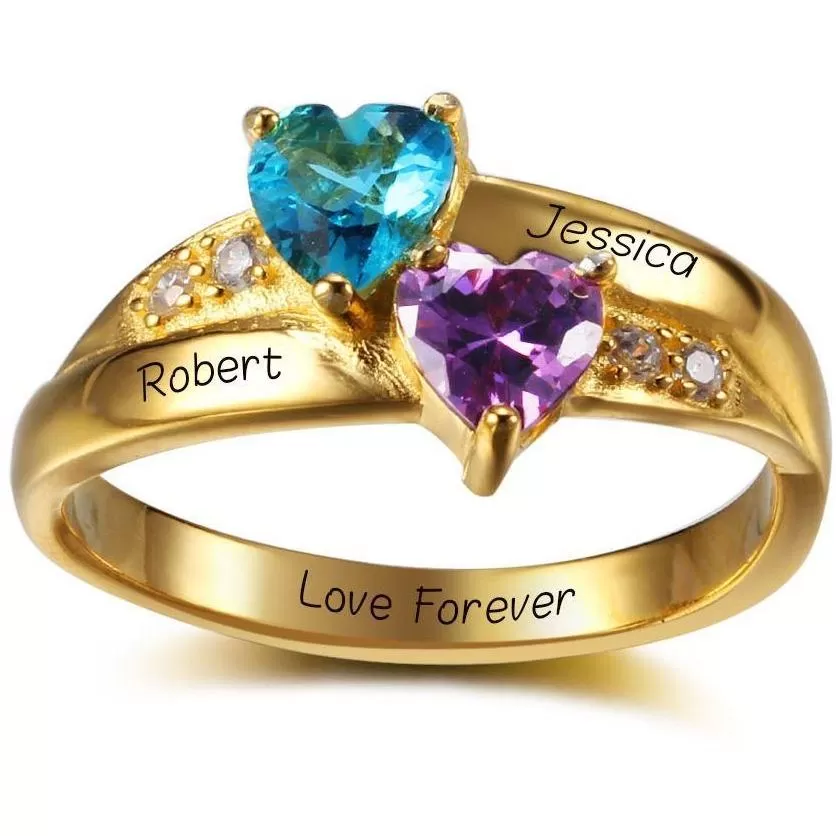 Personalized Gold Mothers Ring 2 Heart Birthstones Loves Best 2 Names