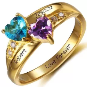 Personalized Gold Mothers Ring 2 Heart Birthstones Loves Best 2 Names