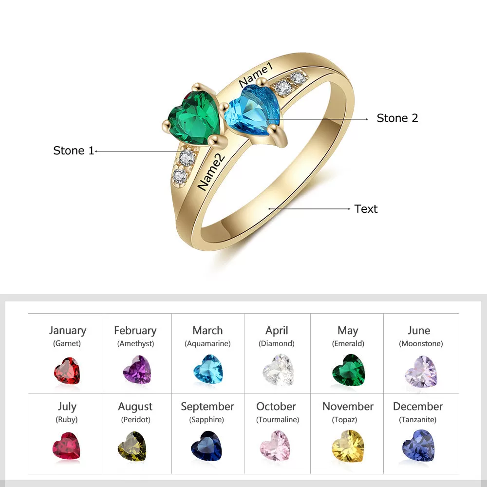 Personalized Gold Mothers Ring 2 Heart Birthstones Loves Best 2 Names