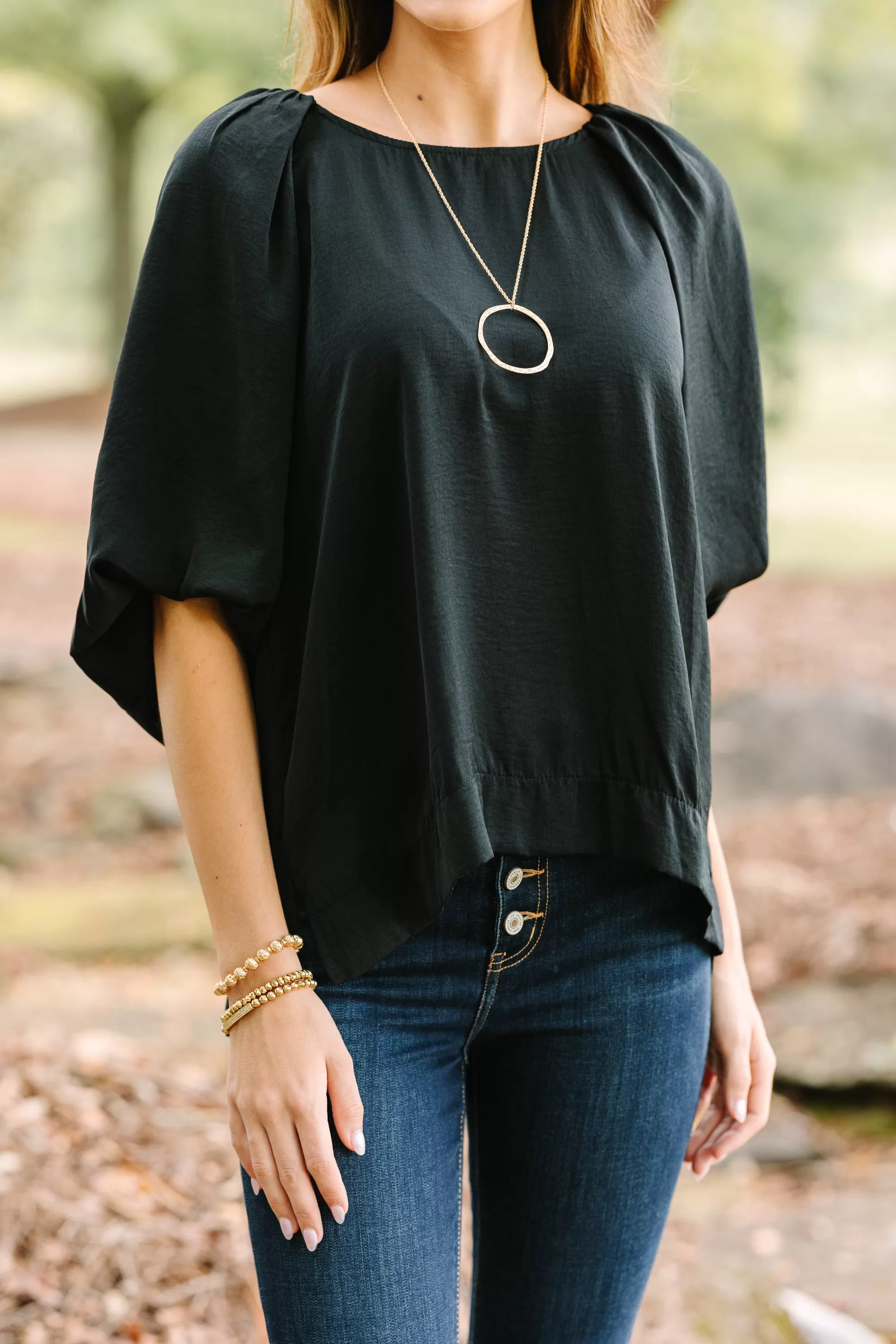 Point It Out Black Satin Blouse